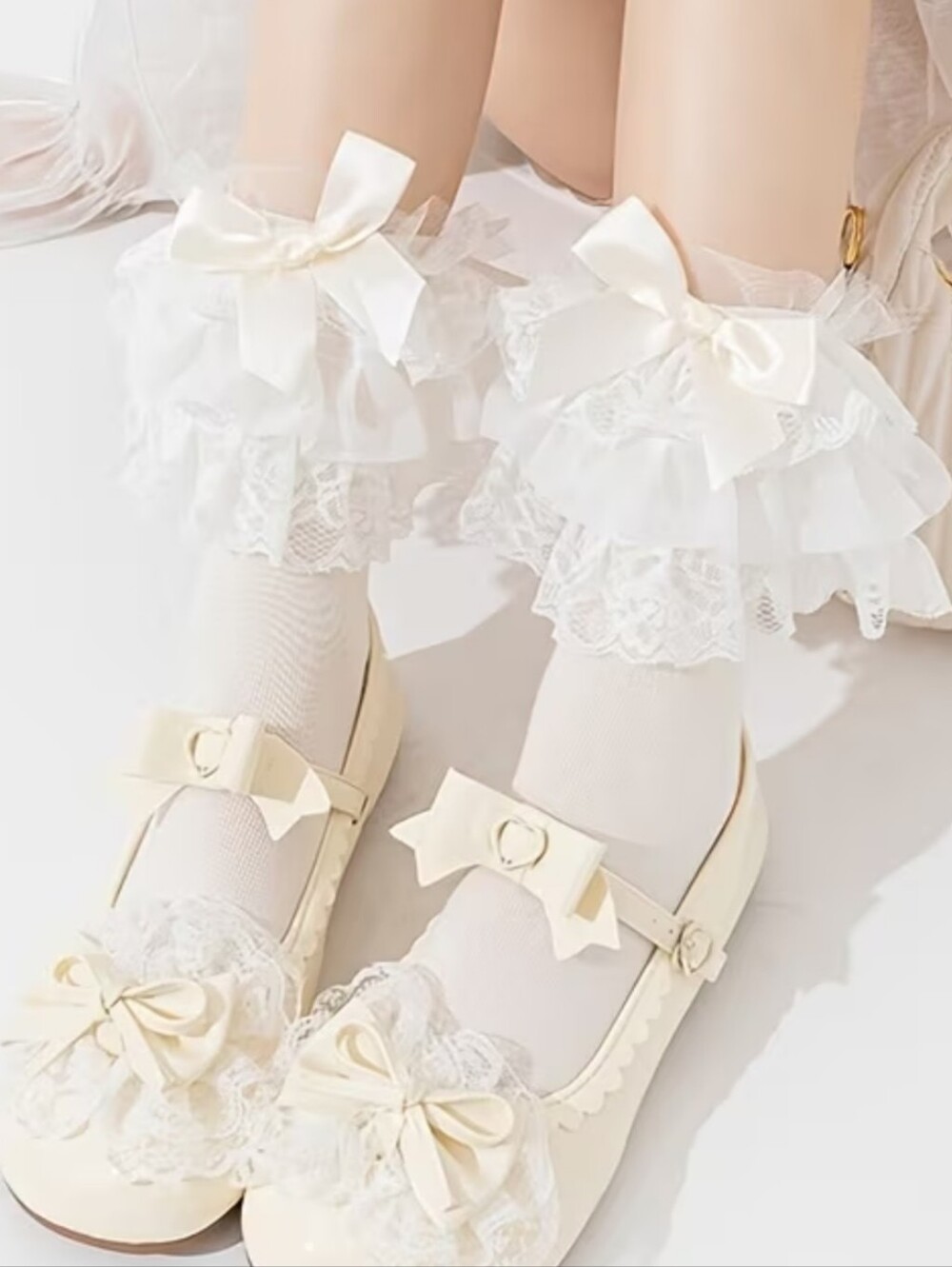 Cream Colored Ruffle Lace Ankle Socks Lolita Frilly Bow Lace Trim Coquette